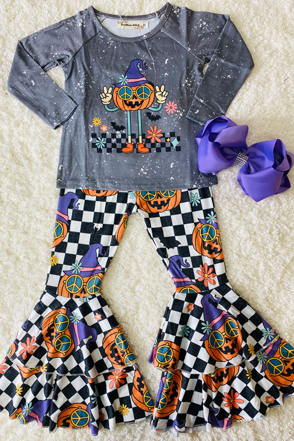 Gray washed checker w/pumpkins 2pc set XCH0333-30H