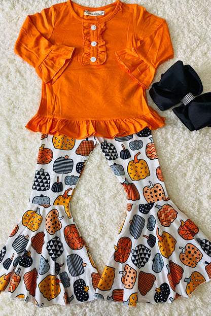 Orange ruffle top w/multi print pumpkins bell bottoms 2pc set XCH0010-16H