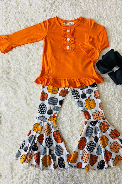 Orange ruffle top w/multi print pumpkins bell bottoms 2pc set XCH0010-16H