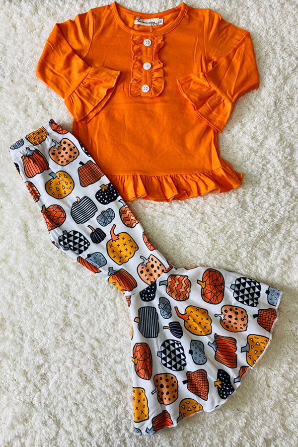 Orange ruffle top w/multi print pumpkins bell bottoms 2pc set XCH0010-16H