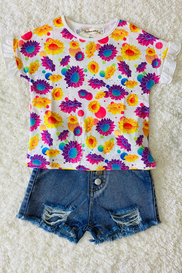 XCH0899-5H Multi color floral short sleeve girls tops