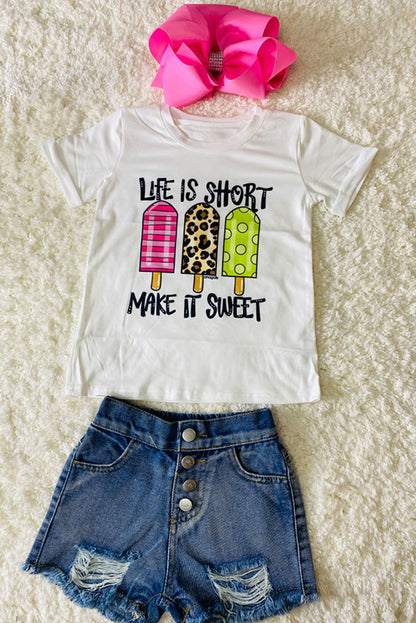 ''Life Is Short'' with multi print popsicles white t-shirt DLH1215-33