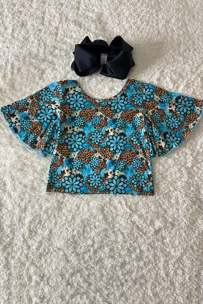 Turquoise jewel & leopard print short sleeve bell top DLH1124-3