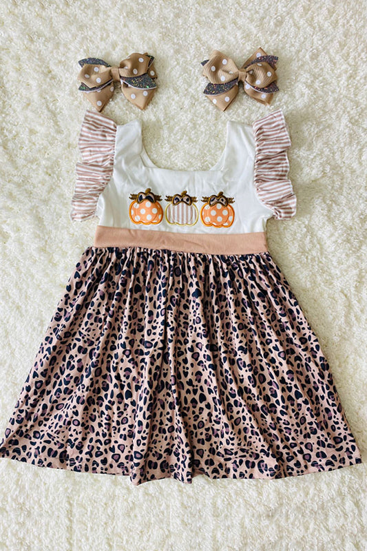 DLH2439 Pumpkin embroidery striped leopard print girls dress