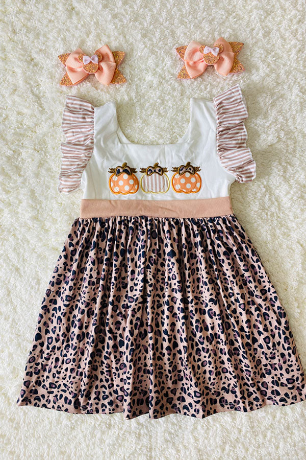 DLH2439 Pumpkin embroidery striped leopard print girls dress