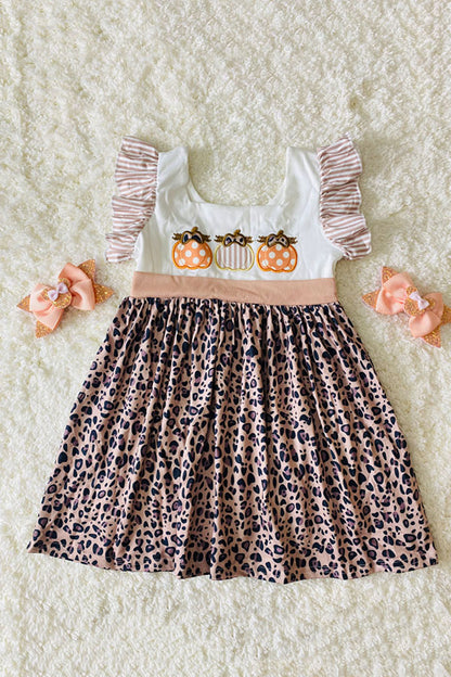 DLH2439 Pumpkin embroidery striped leopard print girls dress