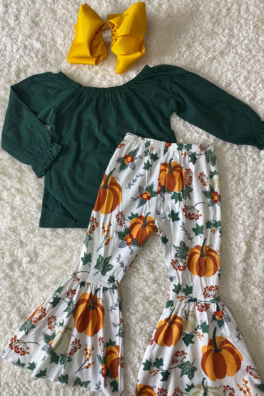 XCH0013-10H Green ruffle sleeve top pumpkin bell bottom girls clothing sets