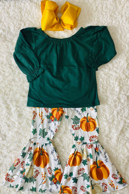 XCH0013-10H Green ruffle sleeve top pumpkin bell bottom girls clothing sets