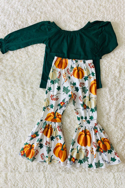 XCH0013-10H Green ruffle sleeve top pumpkin bell bottom girls clothing sets