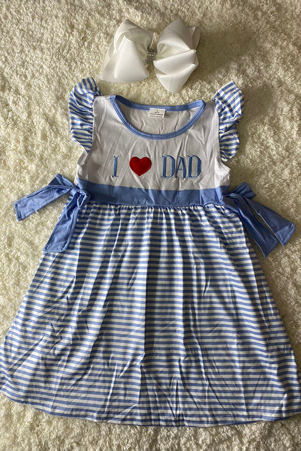 1131WY I love DAD embroidery blue striped ruffle sleeve girls dress