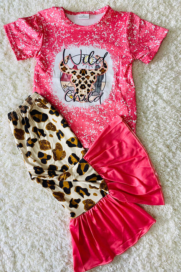 "WILD CHILD" pink & leopard bull skull 2pc set 12172MZ