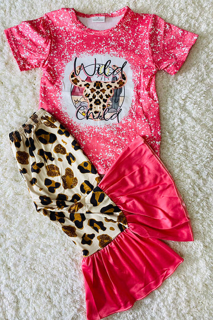 "WILD CHILD" pink & leopard bull skull 2pc set 12172MZ