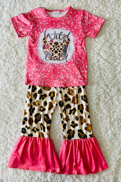 "WILD CHILD" pink & leopard bull skull 2pc set 12172MZ