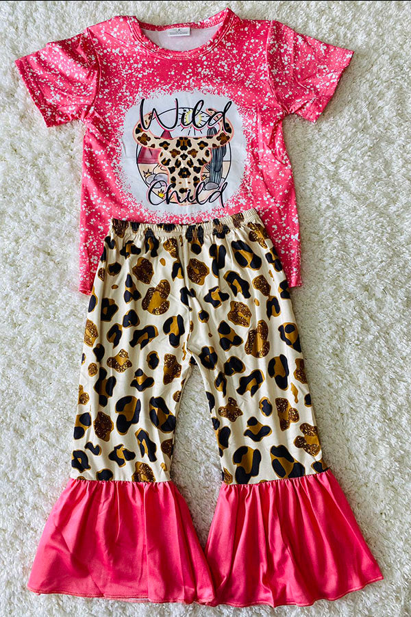 "WILD CHILD" pink & leopard bull skull 2pc set 12172MZ