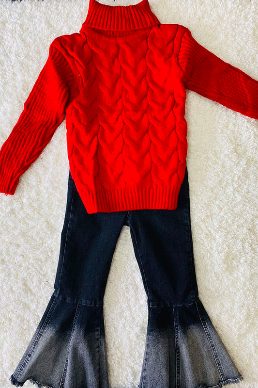 Red girl's turtleneck knit sweater DLH2536