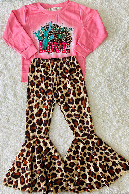 XCH0015-8H Cactus & leopard printed top leopard bell bottom girls sets wholesale