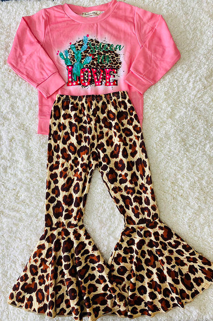 XCH0015-8H Cactus & leopard printed top leopard bell bottom girls sets wholesale