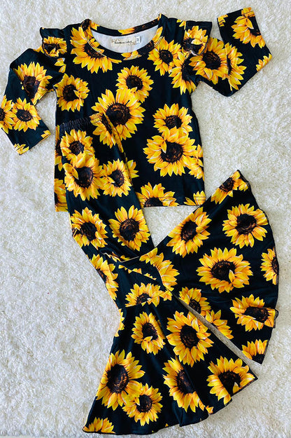 XCH0013-11H Kids sunflower printed top bell bottom girls clothing sets