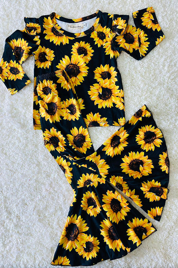 XCH0013-11H Kids sunflower printed top bell bottom girls clothing sets