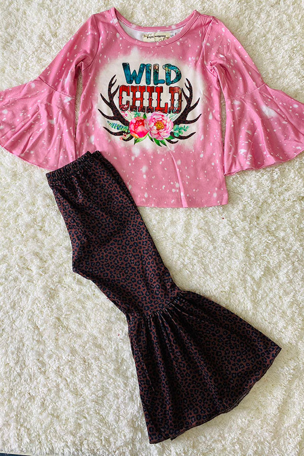 XCH0013-9H WILD CHILD Pink top leopard prints bell bottom 2pcs girls sets