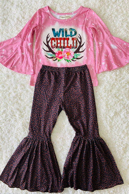 XCH0013-9H WILD CHILD Pink top leopard prints bell bottom 2pcs girls sets