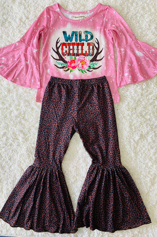 XCH0013-9H WILD CHILD Pink top leopard prints bell bottom 2pcs girls sets