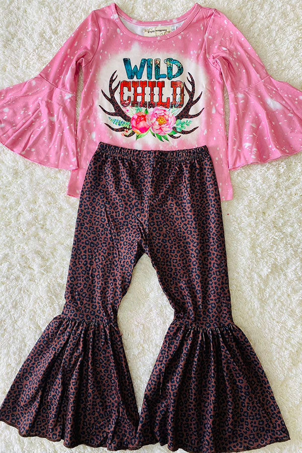 XCH0013-9H WILD CHILD Pink top leopard prints bell bottom 2pcs girls sets