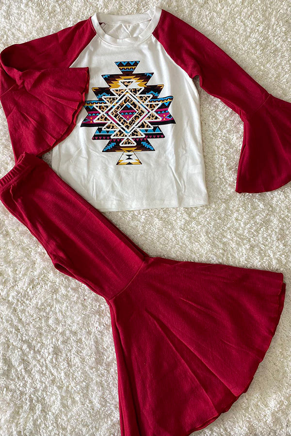 D0913-14 Aztec prints raglan sleeve top bell bottom 2pc girls sets