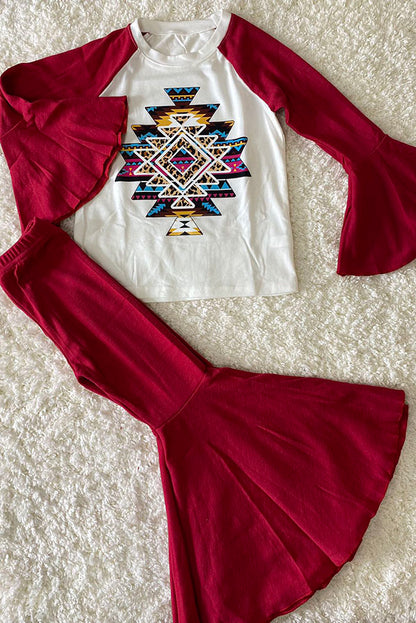 D0913-14 Aztec prints raglan sleeve top bell bottom 2pc girls sets