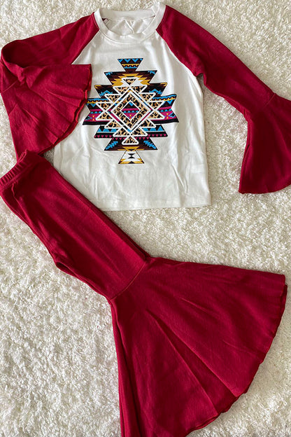 D0913-14 Aztec prints raglan sleeve top bell bottom 2pc girls sets