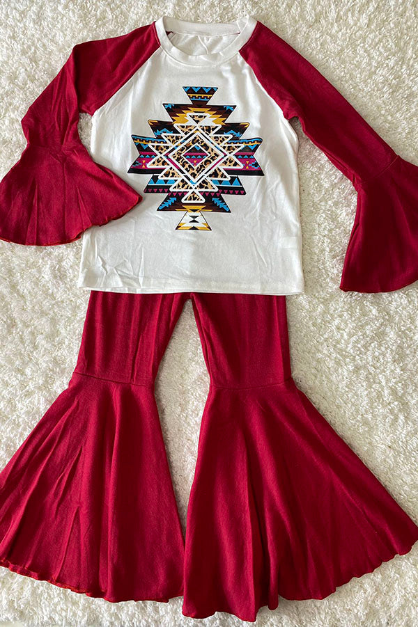 D0913-14 Aztec prints raglan sleeve top bell bottom 2pc girls sets