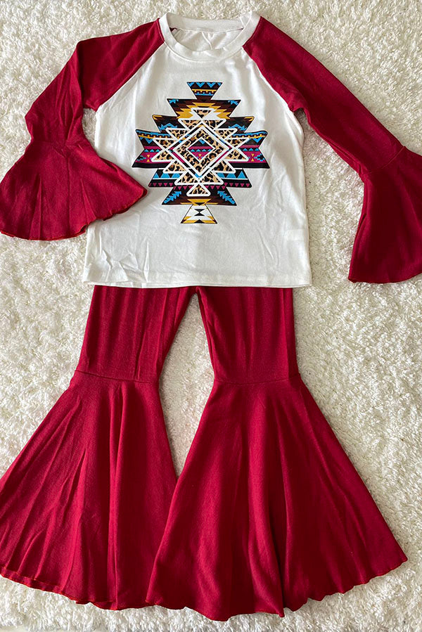 D0913-14 Aztec prints raglan sleeve top bell bottom 2pc girls sets