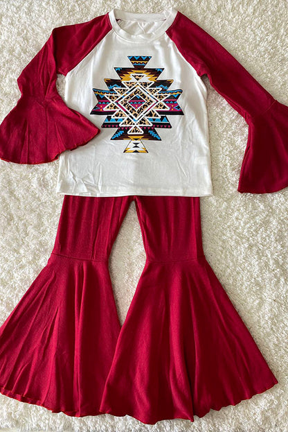 D0913-14 Aztec prints raglan sleeve top bell bottom 2pc girls sets