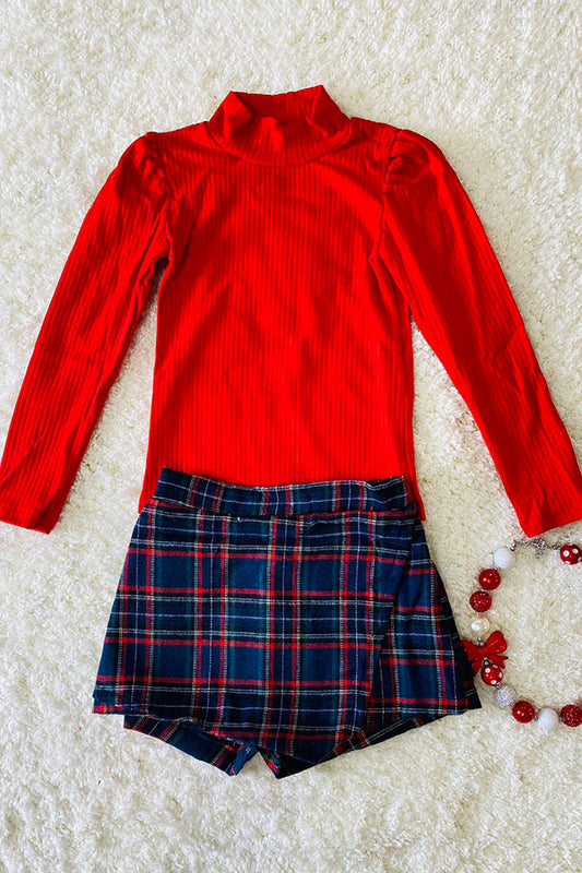 DLH2701 Red long sleeve top green/blue/red plaid skirt/shorts 2pc sets