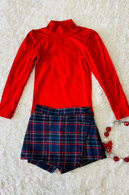 D2701 Red long sleeve top green/blue/red plaid skirt/shorts girls sets