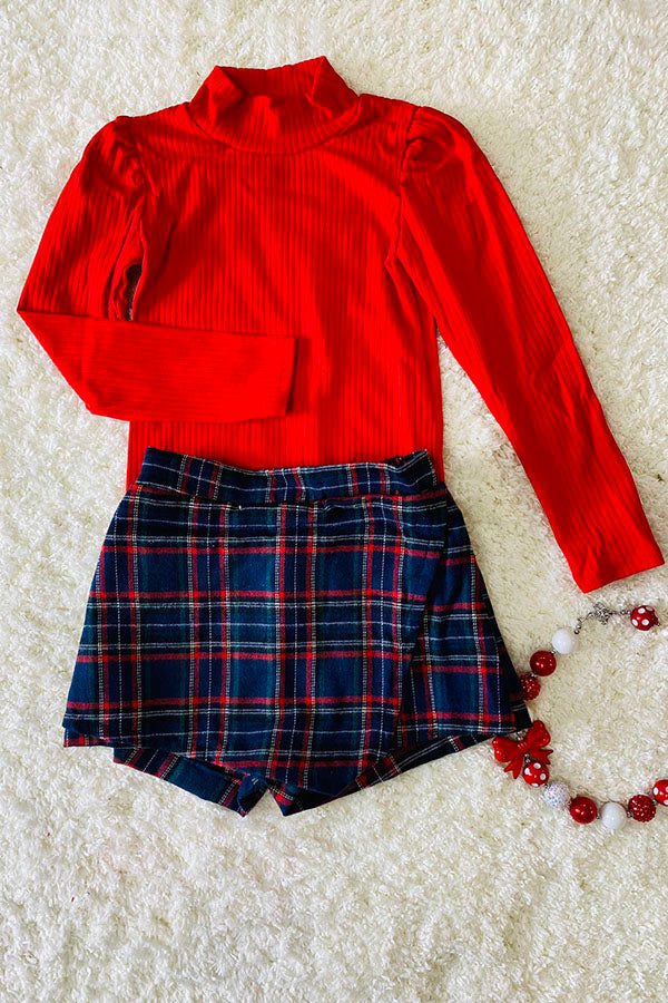 D2701 Red long sleeve top green/blue/red plaid skirt/shorts girls sets