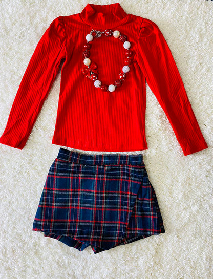 D2701 Red long sleeve top green/blue/red plaid skirt/shorts girls sets