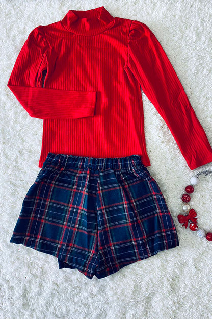 D2701 Red long sleeve top green/blue/red plaid skirt/shorts girls sets