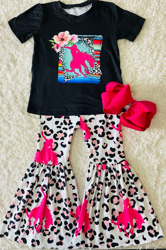 DLH2789 Riding horse prints black top leopard bell bottom kids outfit sets wholesale