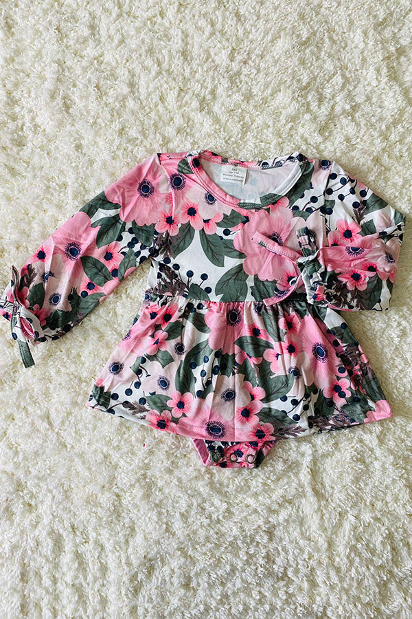 12004MZ Pink long sleeve floral print infant onesie baby girls ropmers