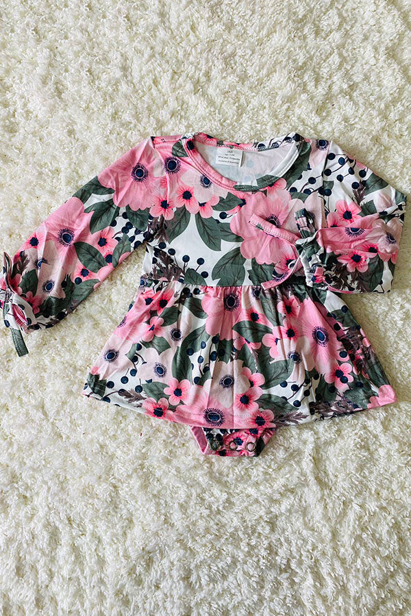 12004MZ Pink long sleeve floral print infant onesie baby girls ropmers
