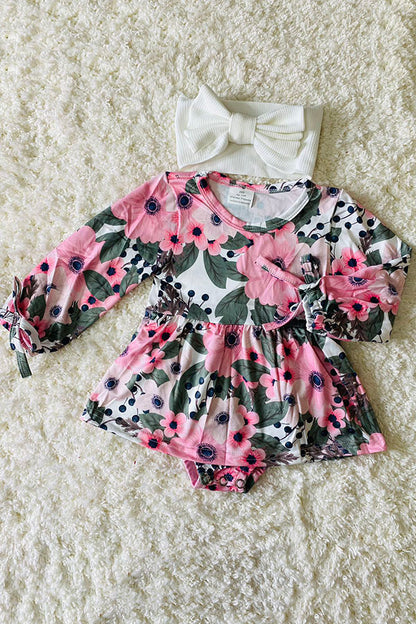 12004MZ Pink long sleeve floral print infant onesie baby girls ropmers