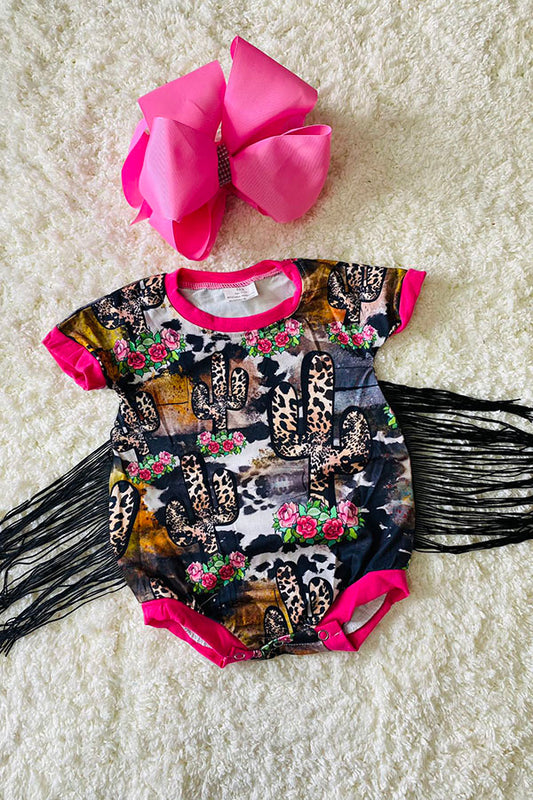 1116WY Western leopard cactus & floral prints baby romper with tassels