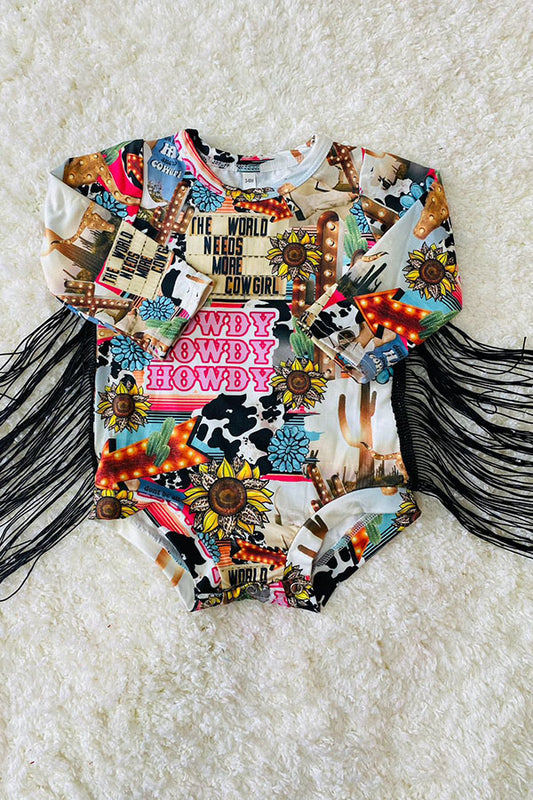 DLH2685 Western prints long sleeve baby romper with tassel