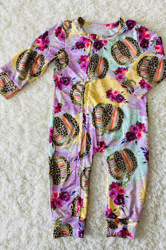 Multicolor & leopard pumpkins & floral print baby romper DLH2675