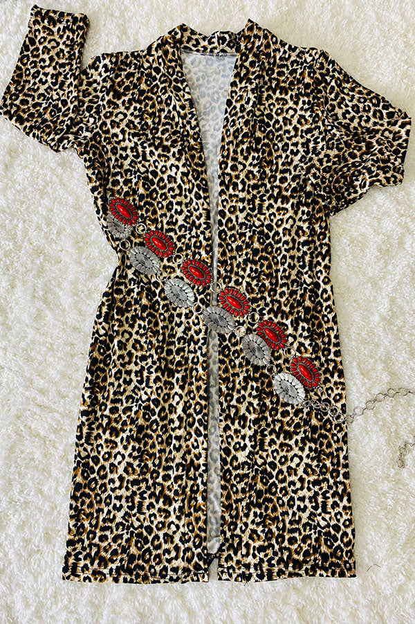 DLH2526 Leopard printed long style girls open cardigan with long sleeves