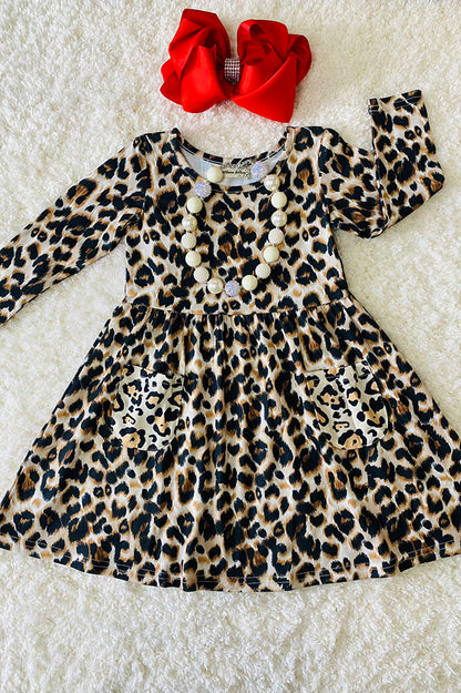 XCH0555-26H Leopard printed long sleeve girls dress with pockets