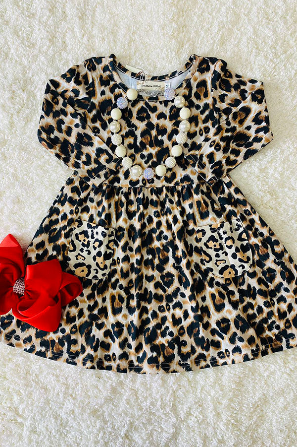 XCH0555-26H Leopard printed long sleeve girls dress with pockets