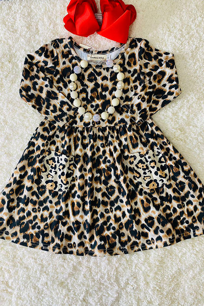 XCH0555-26H Leopard printed long sleeve girls dress with pockets