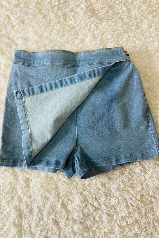 DLH2416 Blue girls asymmetrical hem denim shorts